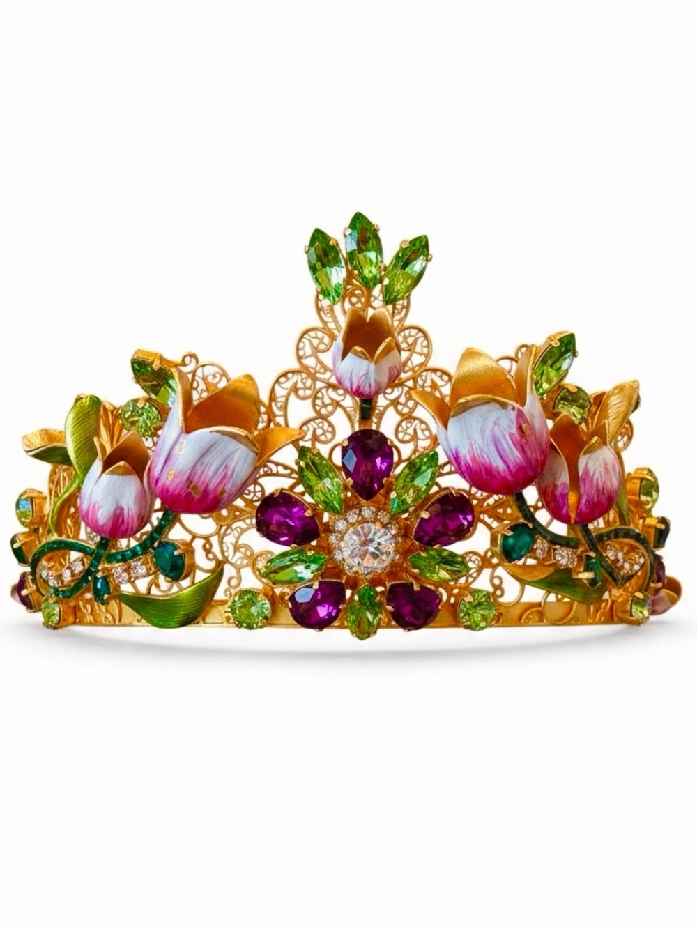 Dolce & Gabbana Gold Floral Jeweled Crown Tiara with Pink and Green Accents
